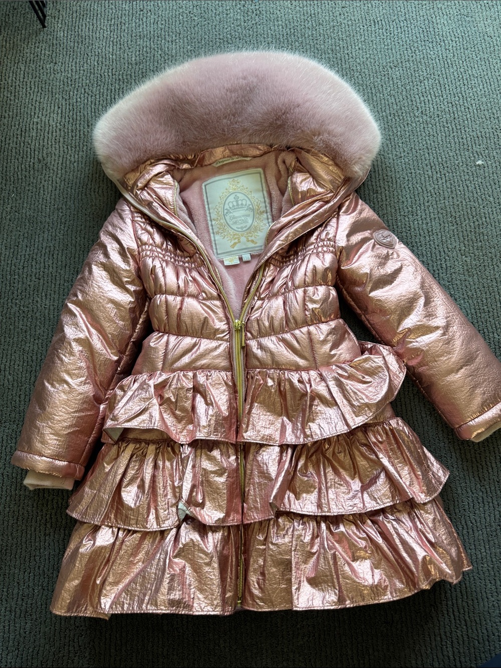 Glamorous Metallic Rose Pink Ruffle Puffer Coat with Faux Fur Hood